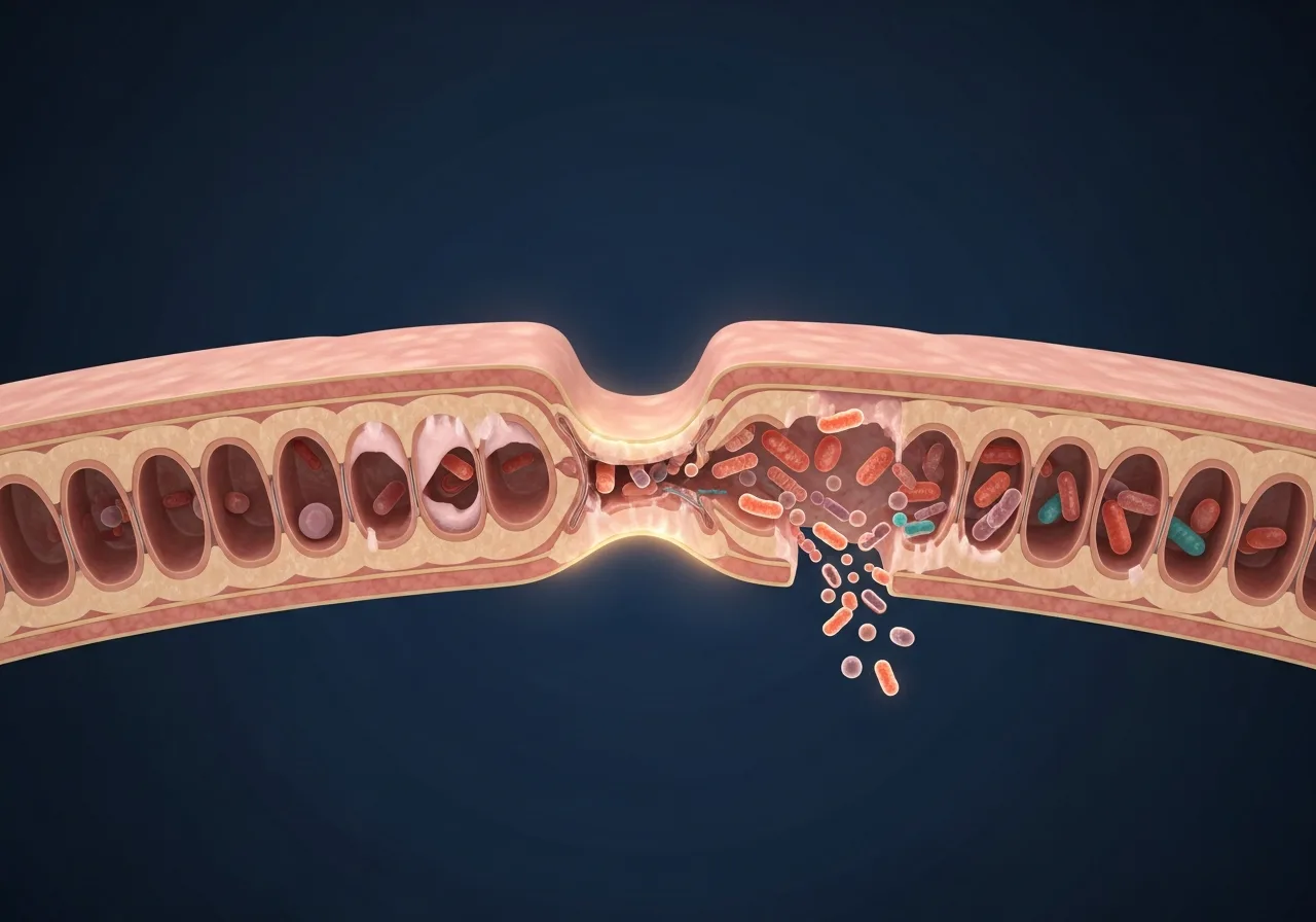 Cross-section illustration of the gut lining, with bacteria leaking through a thinned, more permeable section of the barrier.